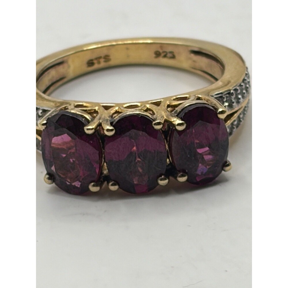 3Ct Oval-Cut Red Garnet Three Stone sterling silver gold overlay ring 925 sz 5